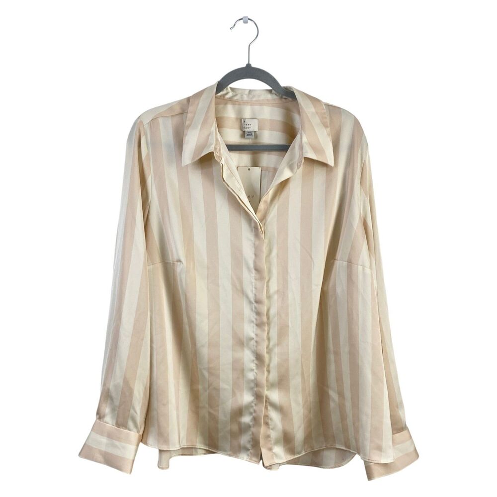 A New Day XXL Pink Striped Satin Button Up Blouse Office Siren Y2K Silk Top NWT